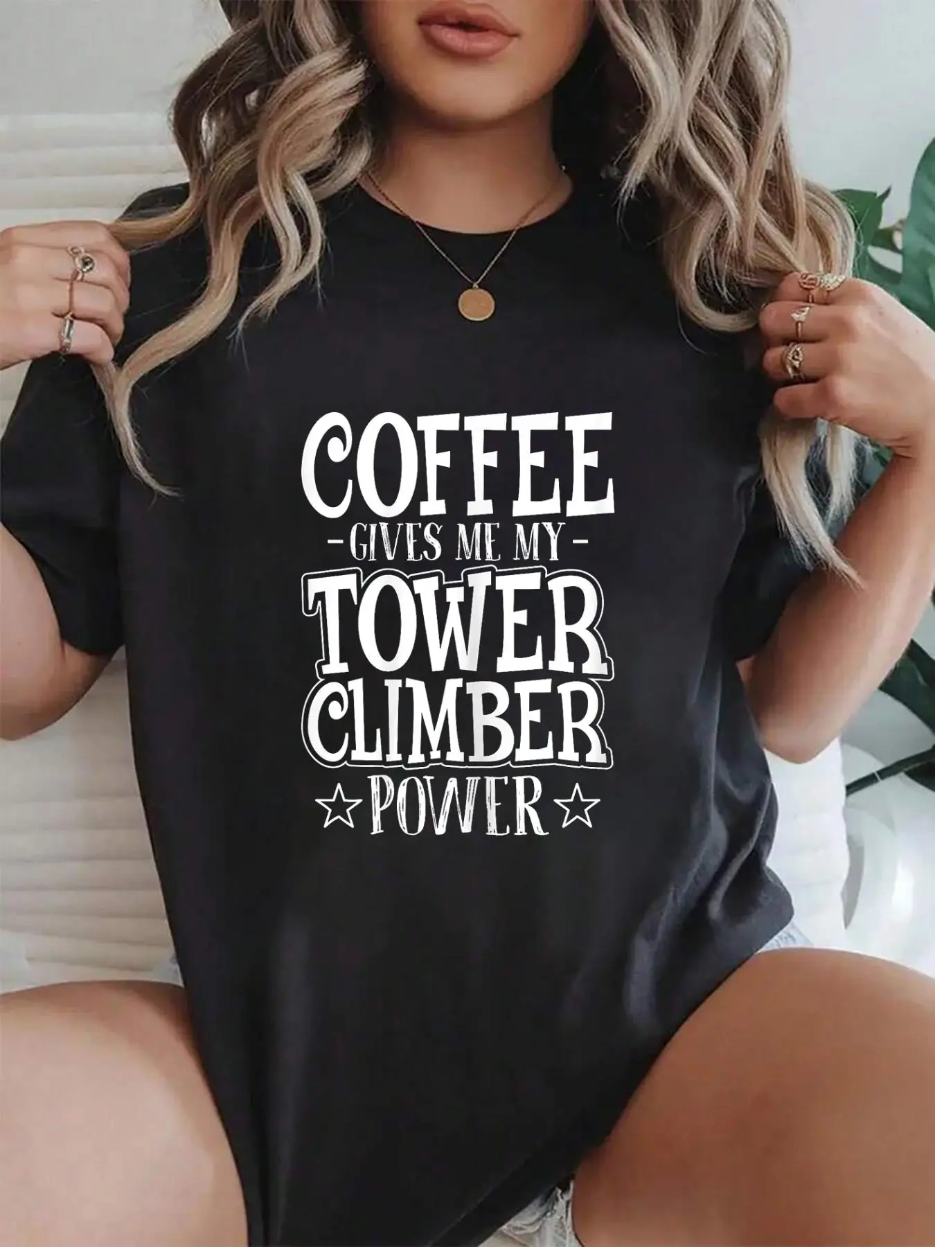 100% cotton Coffee Gives Me My Tower Climber Power - Cell Tower Climbing T-Shirt Women Graphic T-Shirt Cotton Print short Sleeve Casual Top, Summer Tee Womens Tops