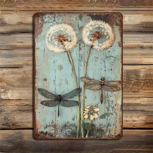 1pc 2d flat 8*12in Dragonfly and Dandelion Wall Art, Antique Metal Decorative Sign with Insects, Farmhouse Style for Kitchens and Cafes