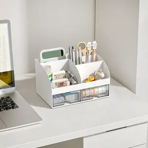 Desk Organizer with 6 Compartments and 2 Drawers – Plastic Makeup and Pen Holder for Desktop Storage, Ideal for Home, Office, and School