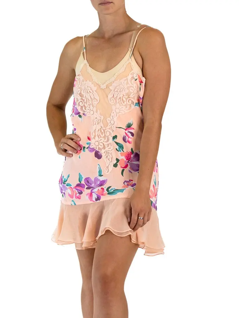 1990S Pink Multi Floral Polyester Lace Slip Dress