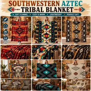 Printed in USA, Southwestern Aztec Pattern Soft Flannel Blanket, Cozy Warm Throw for Sofa Couch Bed, Lightweight Blanket for Adults & Teens, Perfect Gift for Birthday & Holiday
