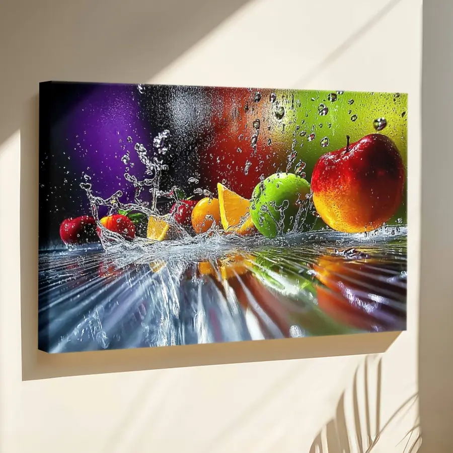 Canvas Decor, Fruits Splash Wall Art, Trendy Wall Art, Oversized Wall Art, Fruit Splash in Water, Wall Decor, Fruits And Water Canvas, Wooden Framed Wall Art, Wrapped Canvas Vintage Prints Poster - Framed, Horizontal Painting Artwork