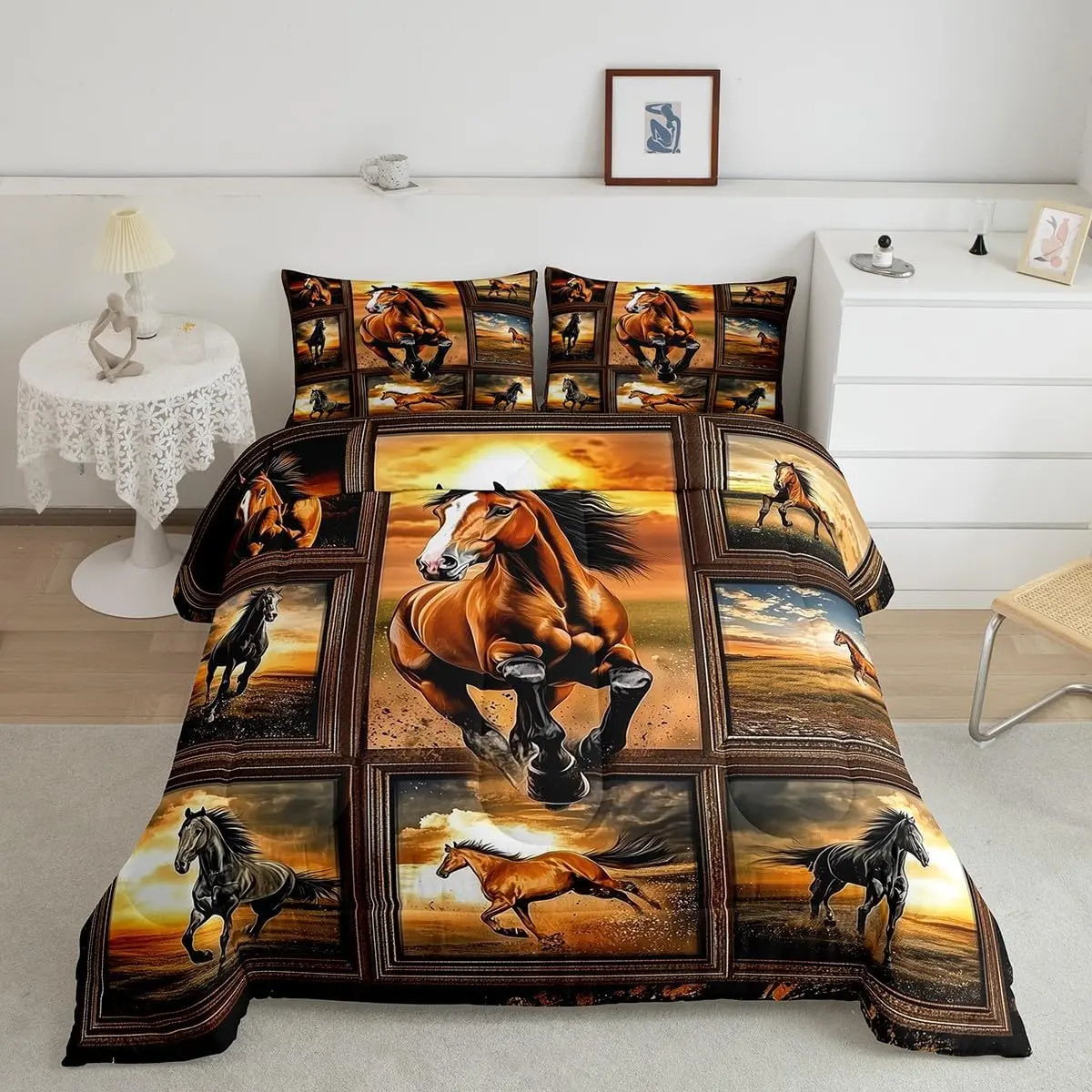 Feelyou Western-Theme 3D Galloping Horse Print Queen Duvet Set - Breathable Microfibre Comforter Queen Size, Quilt Bedding Set, All-Seasons Bedding, Machine Wash, Women's Cute Animal Room Decor