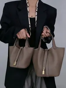 Christmas Gift, Women's Fashionable Plain Color Leather Bag, Casual Versatile Handbag with Lock Design, Trendy All-match Handbag for Daily Use, Purse