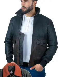 Real Leather Bomber Aviator Jacket Mens | With Detachable Artificial Fur Collar | Distressed Black Leather Jacket Mens Menswear Coats