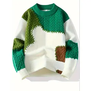 [Cozy Cable Knit Sweater] Warm & Stylish Men's Color Block Cable Knit Sweater - Versatile Acrylic Blend Pullover for All Seasons with Ribbed Cuffs, Long Sleeves Knitwear Menswear