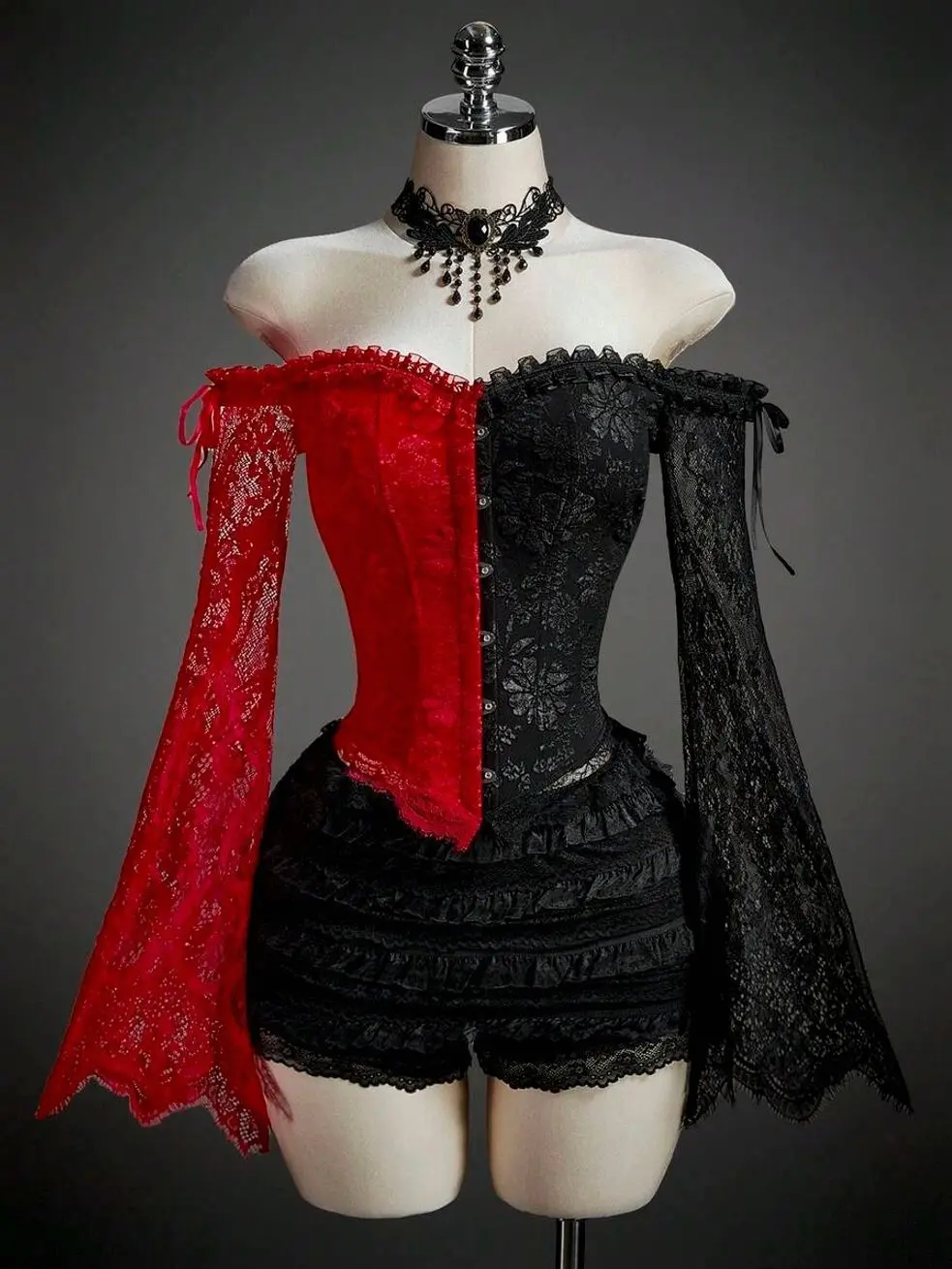 Women's Halloween Queen of Hearts Goth Corset Blouse, Red Black Lace Flare Sleeve Jacquard Top