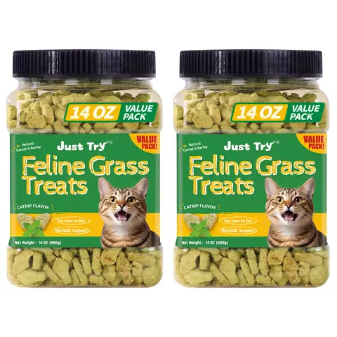 JUST TRY Natural Seafood Salmon-Flavor Cat Grass Treats, 12-Month Shelf Life, No Preservatives, Promotes Dental Care & Hairball Control, Training Cat Snacks, 14.1 oz
