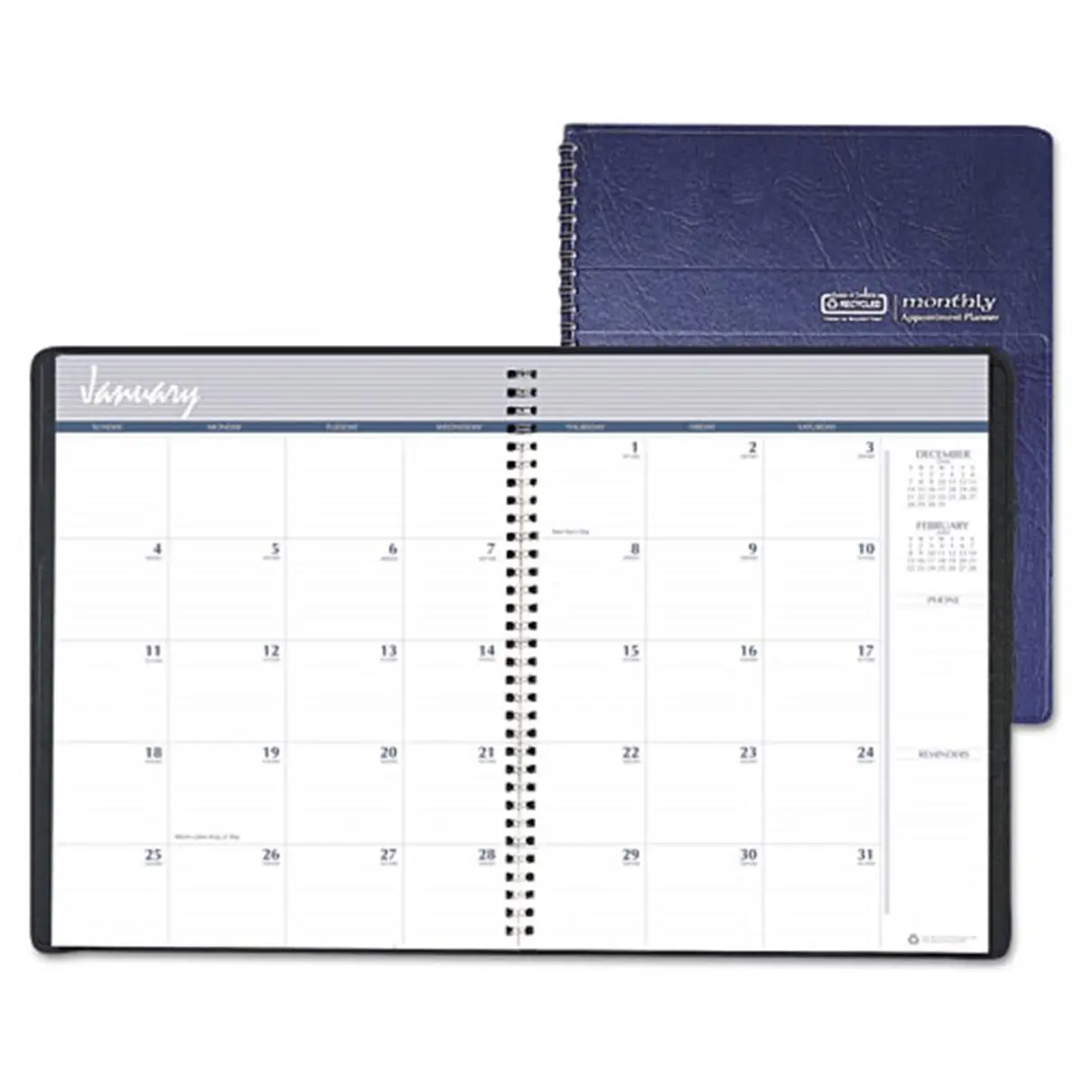 House of Doolittle 14-Mos. Current Year Calendar Planner, Blue Embossed Leatherette Cover, 100% Post-Consumer Waste Recycled Paper, Made in USA Office Organisers
