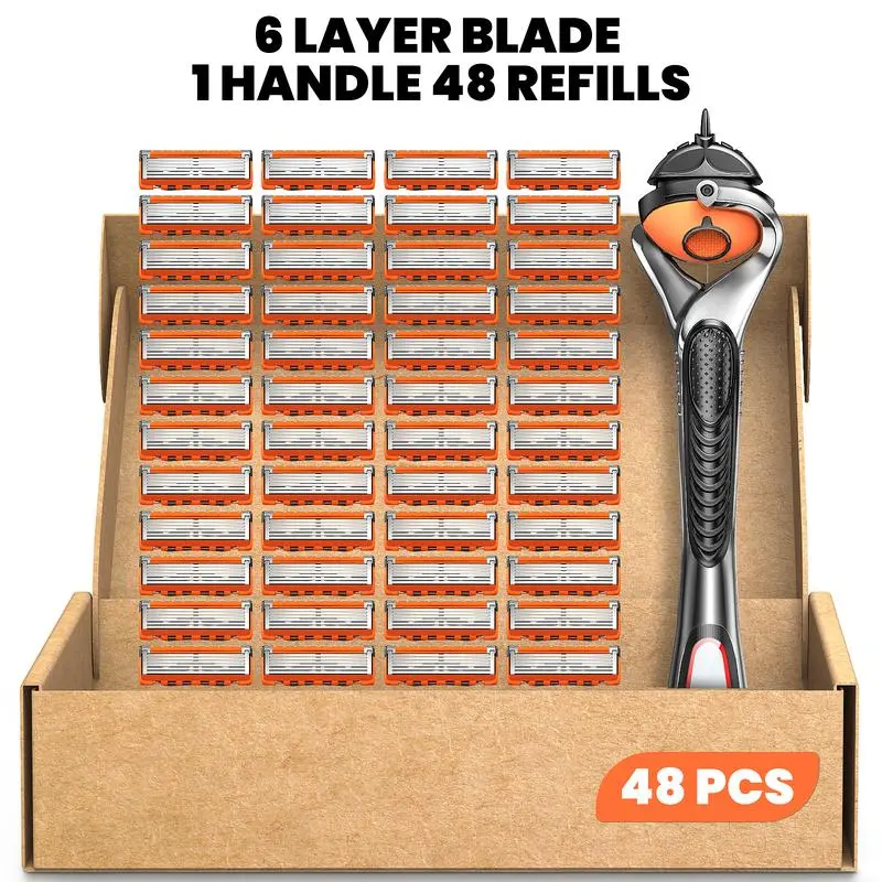 Men's Unscented Precision Razor Blade Replacement Handheld Kit - 24/48 Pieces (48 Blades + 1 Handle), All Skin Head Shave Daily Care Hair Removal Item, Ideal Birthday or Holiday Gift,summervibes