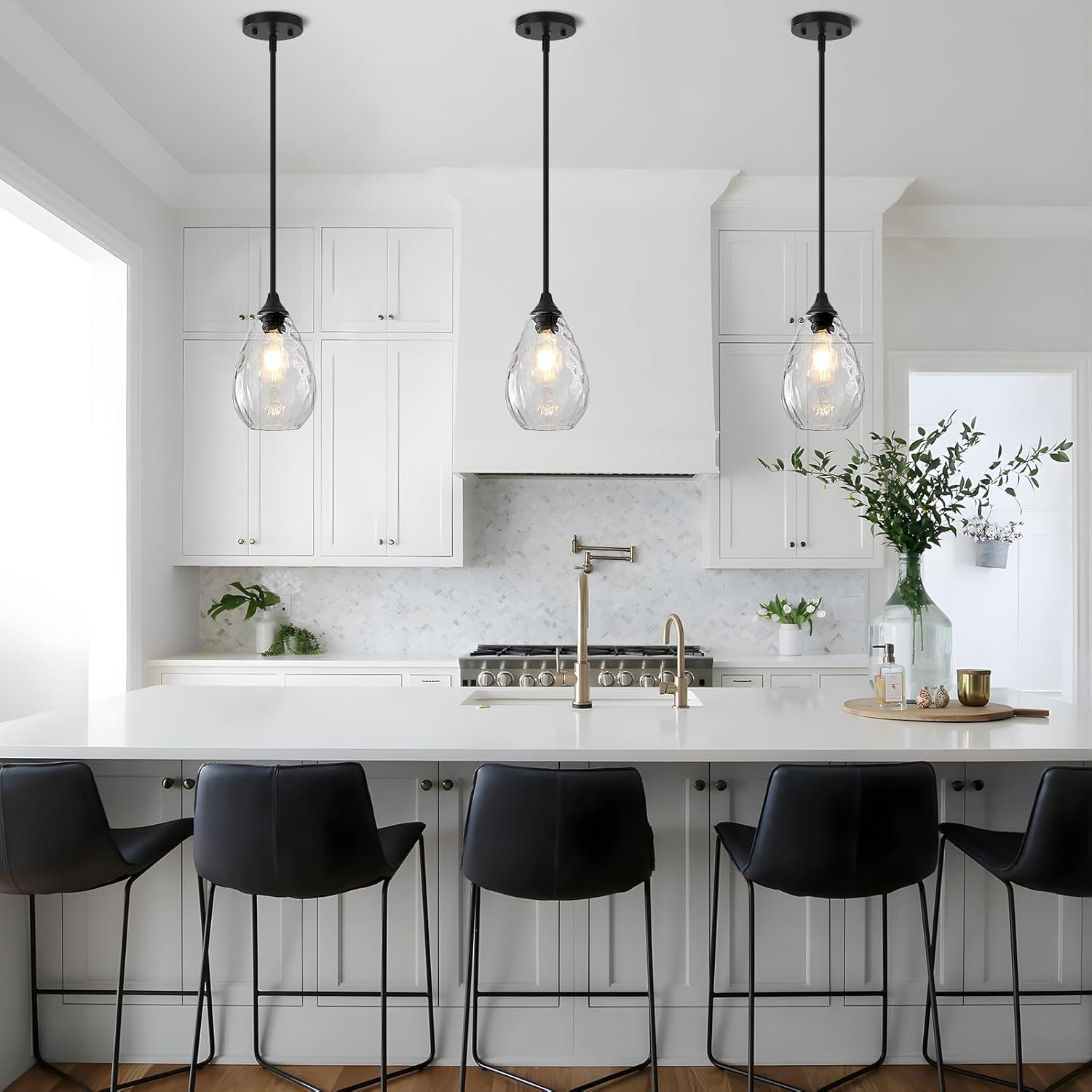 Glass Pendant Lights Kitchen Island, 1-Light Modern Black Fixtures with Hammered Glass & Rods Small Hanging Light for Kitchen Sink Dining Room Bathroom