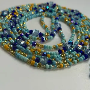 Waistbeads - Princess Collection (Cinderella) shades of blue gold square clear crystals for everyone, 50 to 60 inches