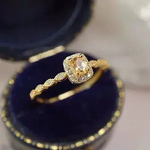 Natural yellow crystal rings, Yellow citrine rings, Rectangle gemstone ring, Gold silver lace rings, Vintage style promise engagement ring