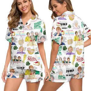 Women’s Silky Satin Pajama Set – Golden Girls Inspired Quotes & Retro Cartoon Print, Short Sleeve Button Top and Shorts
