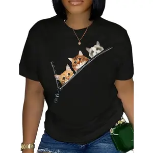 Zipper and cat print crew neck T-shirt, casual short-sleeved printed T-shirt, suitable for spring and summer wear, women's clothing.