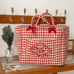 American Sweetheart Style Plaid Quilted Storage Bag, Butterfly Knot Decor, Bedroom/baby Room/cosmetic Organizer, High Aesthetic Practical Home Handbag