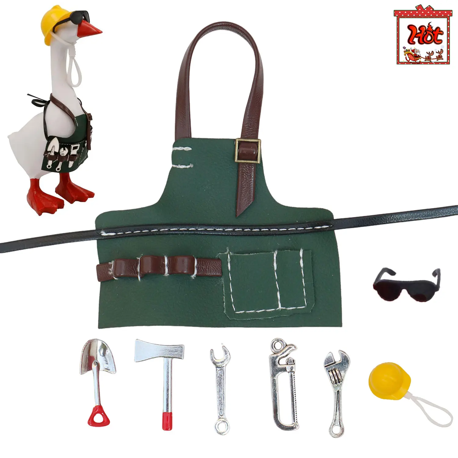 7-Inch Desktop Goose Outfits Set with PVC Plastic Mini Tool Kit, Gardening Look Hat, Apron & Clothes for Desk Porch Christmas Winter Home Decor (Toys & Hobbies Specialty DIY Supplies)