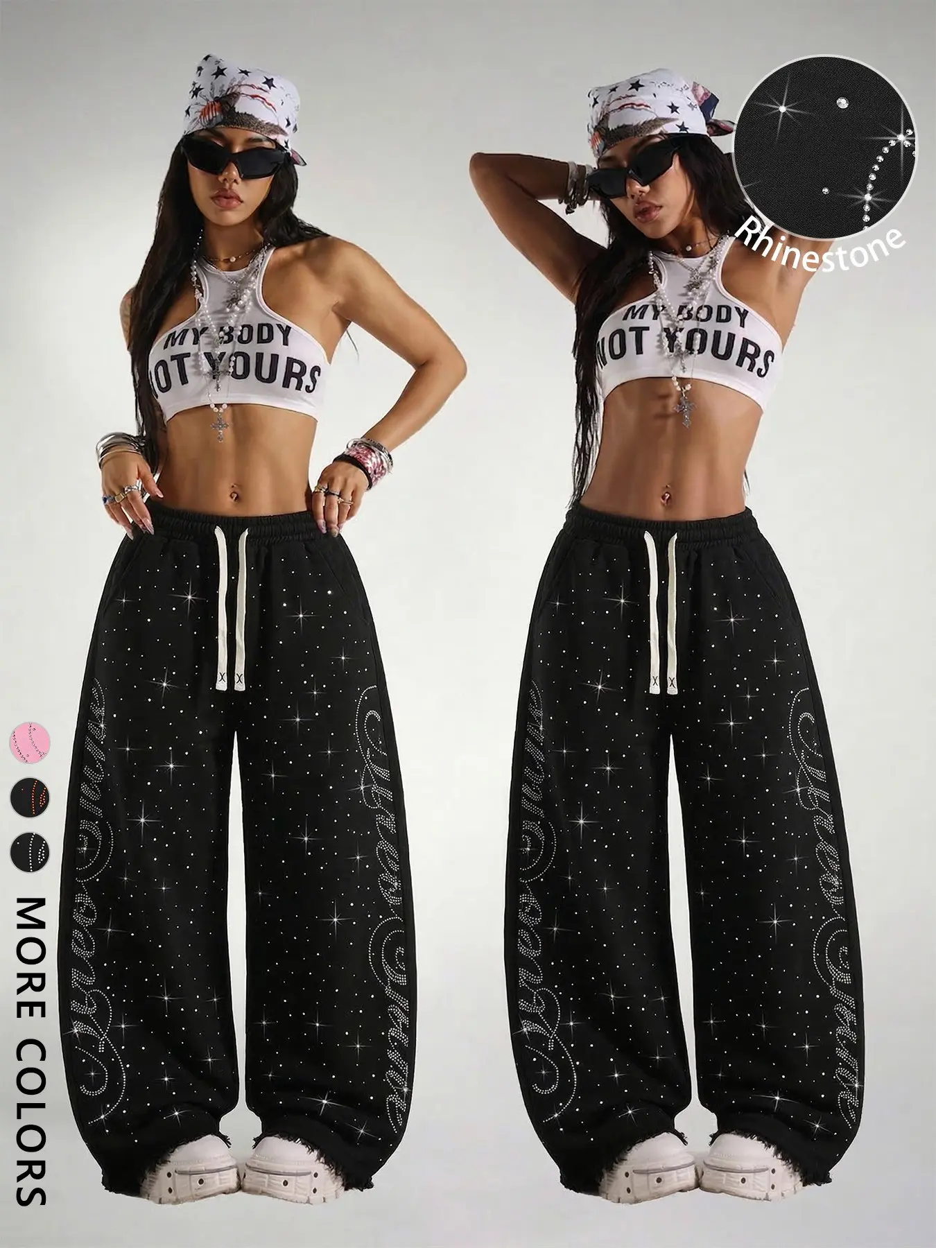 Shiny Rhinestone Loose Straight Leg Pants, Unisex, Casual Drawstring Waist, Long Regular Fit, All Seasons, and Options