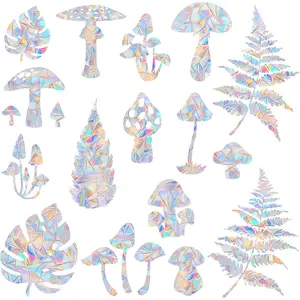 18 count Mushroom and Leaf Window Clings for Glass Windows - Anti- Window Decals for Bird Strikes,Non Adhesive Prismatic Window Clings, Rainbow Stickers