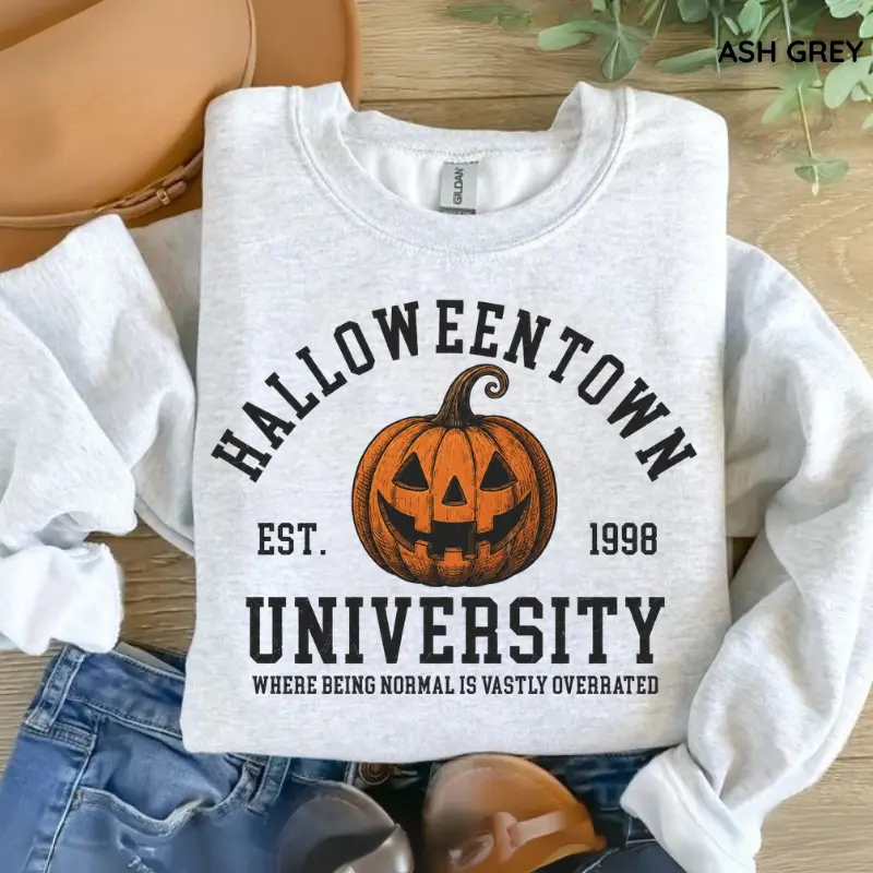 Women's Halloween Town University Pumpkin Casual Fitted Long Sleeve Round Neck Sweatshirt, Vintage Spooky Fall Crewneck, Retro Graphic Pullover, Cozy Tops Gift