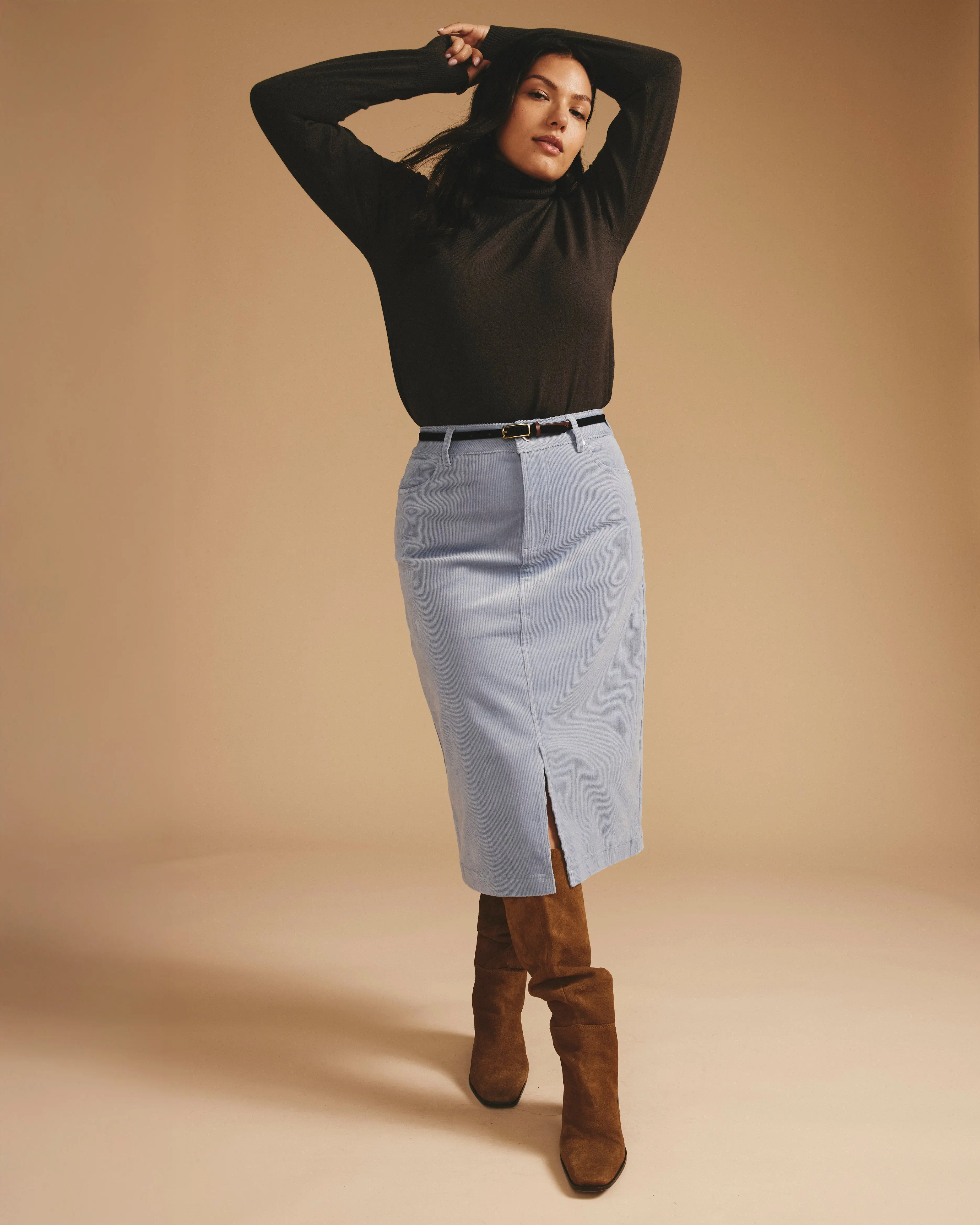 Women's Straight Corduroy Midi Skirt - Expandable Knee Length Bottom with Sleek Details, Tapered Hips, Stretch Fabric, Elastic Waistband, Flat Pockets, Minimalist Casual Style, Midi Skirts