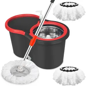 Spin Mop and Bucket Set, 3 Mop heads or Bucket with Wringer Set, 360°Spin Mop Kit with 2 Microfiber Mop Heads, Spinning Mop Bucket System for Floor Cleaning (Black)