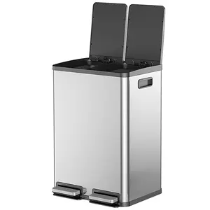 Large 60L Trash Can – Stainless Steel with Lid, Double Compartments for Recycling, 2 x 8 Gallon Plastic Buckets Kitchen Bin Automatic Dustbin Compact Design Storage