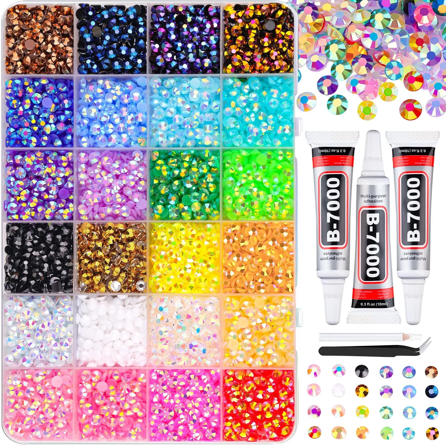 9000Pcs Resin Jelly Rhinestones with Tweezers for Crafting, Mixed-Color 5Mm Flatback Gems, Bedazzling Crystal with 3Pcs 10Ml B7000 Jewelry Glue for DIY Crafts Clothing Tumblers Shoes Nail Art TINKRSTUFF