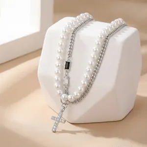 Shiny Double Loop Layered Pearl Necklace, 2-Piece Set with Imitation Pearl Chain & Sparkling Cross, Hypoallergenic Nickel Free Metal Jewelry, Perfect for Summer Party, Wedding, Daily Wear or Cute Gift for Her