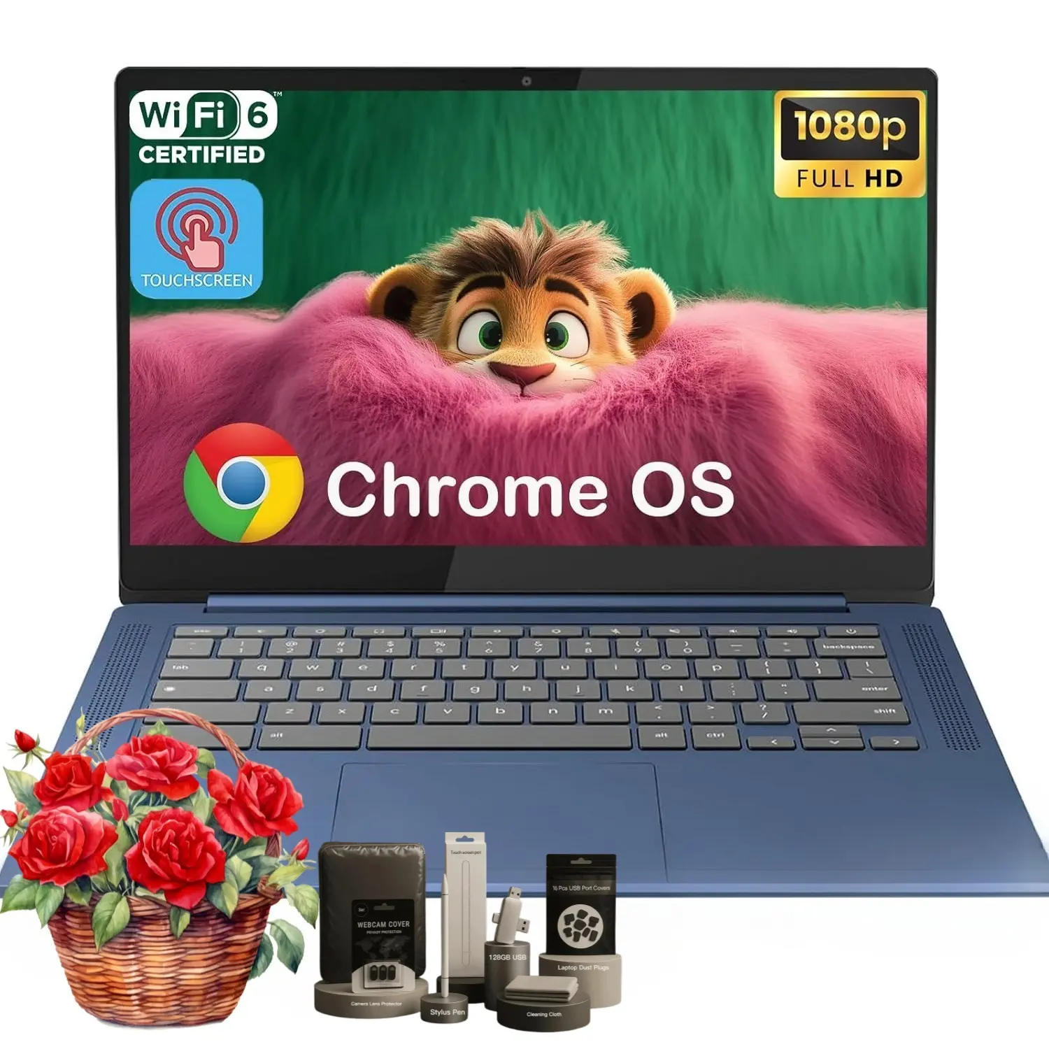 Lenovo 2026 Slim 3 14" FHD Touchscreen Chromebook | 8-Core MediaTek 520, Up to 16GB RAM, 64GB eMMC+128GB Micro SD, 13.5H Battery, WiFi 6, Chrome OS, Student Business Laptop with Bundle Accessory