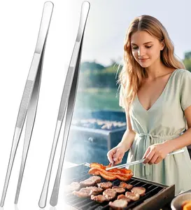 [New Deal] 2 PCS 12-Inch Cooking Tweezers Tongs,Stainless Steel Kitchen Tweezers with Dual-Head Design and Non-Slip Grip, Chef Tweezer Tongs for Frying, Plating, Pasta, BBQ, Air Fryer, Food Prep Tools Utensils