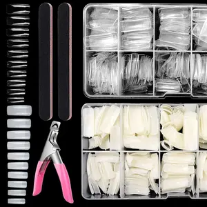1Set Square Nail Tips for Acrylic Nails Professional, Fake Clear Natural Acrylic Short Square French Artificial False Tips Half Cover for Manicure Salon Home