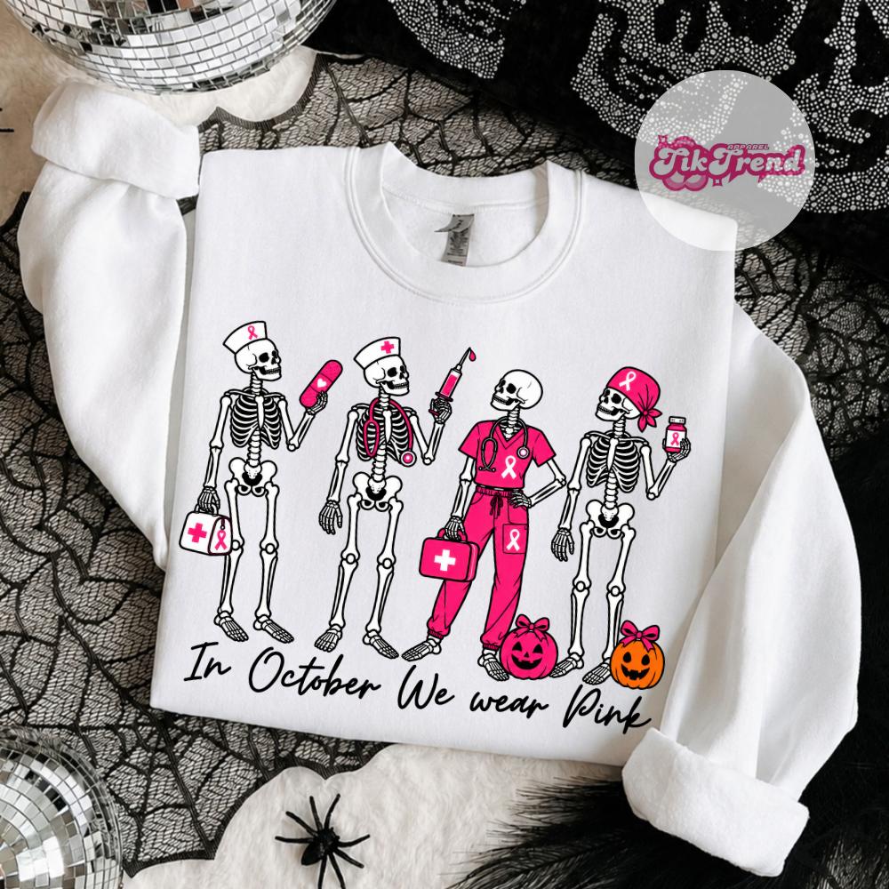 In October We Wear Pink Sweatshirt, Skeleton Nurse Breast Cancer Awareness Crewneck for Women, Pink Ribbon Halloween Gift