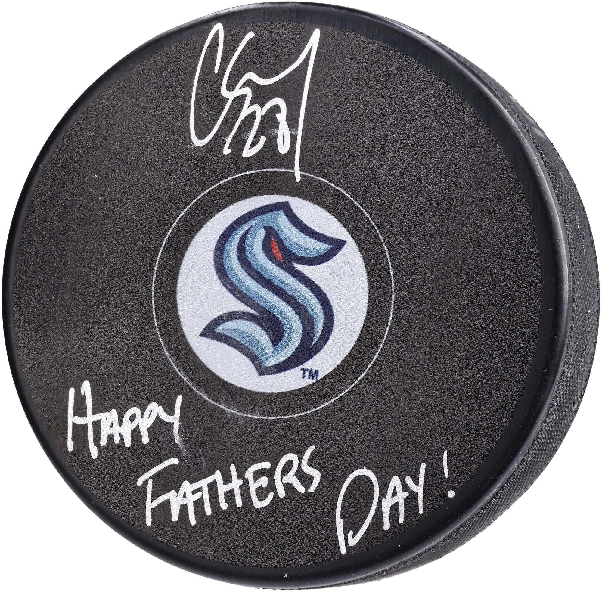Carson Soucy Seattle Kraken Autographed Hockey Puck with "Happy Father's Day!" Inscription - NHL Auctions Exclusive - Fanatics Authentic Certified