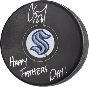 Carson Soucy Seattle Kraken Autographed Hockey Puck with "Happy Father's Day!" Inscription - NHL Auctions Exclusive - Fanatics Authentic Certified