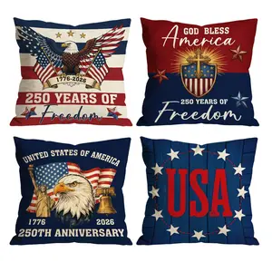 250th Anniversary Patriotic Throw Pillow Covers Set of 4 | Bald Eagle & USA Flag Cushion Cases with "God Bless America" Quote 0517YB