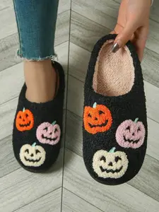 Women's Pumpkin Cartoon Slippers, Fuzzy Warm Thick Sole Non-Slip, Fall Winter Cute Home Floor Shoes, Textile Upper Rubber Sole, Indoor Slippers, Fashionable Slippers