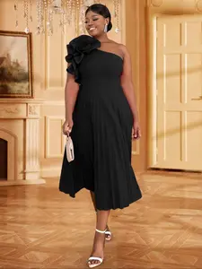 【Plus Size】 Floral Design One Shoulder Bubble Sleeve Bustle Dress, Elegant Fashion Casual Ruffle Trim Evening Party Gown, Women Plus Clothing for All Seasons