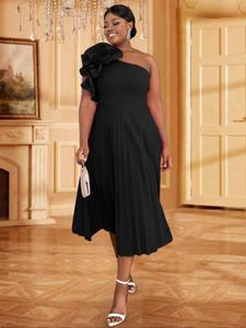 【plus size】 floral design one shoulder bubble sleeve bustle dress, elegant fashion casual ruffle trim evening party gown, women plus clothing for all seasons