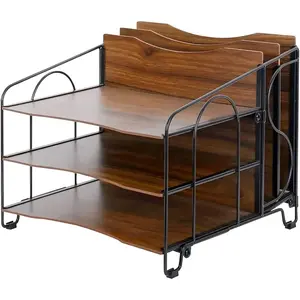Wood File Organizer, Metal Desk File Organizer with 3 Paper Letter Trays and 2 Vertical Upright Folder Holders, Desk Organizers and Accessories for Office Home School, Black