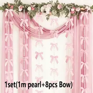 Elegant Pearl Chain Bow Party Decorations, Blue Polyester Ribbon Bow, Wedding, Birthday, Christmas, Valentine's Day, Wall, Shelf, Table Decor