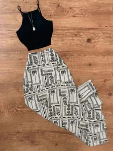 Women's Knitted Sleeveless Cami Top and Woven Skirt Set, Vest, Fashion Slit Button Design, Vintage Palm Leaf Print, Beach Vacation Style, All Seasons