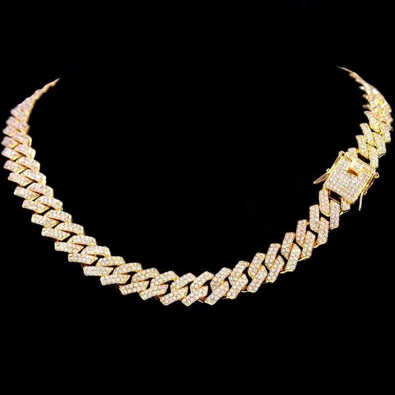 1PC lced Out Cuban Link Chain 12MM ProngRhombus Diamond Cuban Chain Hip HopChoker Necklaces Women Men Jewelry