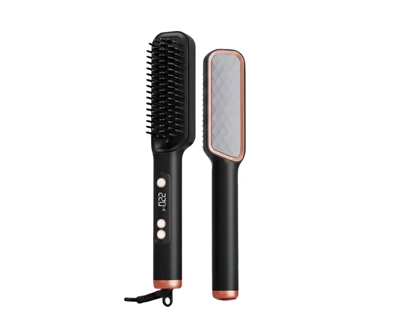 Hair Straightener Brush, Negative Ion Straightening Comb for Women, 10s Fast Heating, 4 Temp Modes 320°F–428°F, LED Display, Auto-Off, Dual Voltage, Black