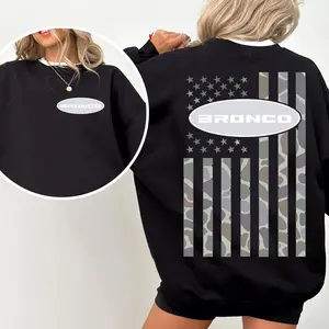 Bronco Camo Flag T-Shirt, Sweatshirt, Hoodie – Vintage Ford USA Flag Graphic Tee, Classic American Truck