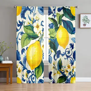 2D Flat 2Pcs Lemon Print Curtains, Botanical Floral Decoration, Pole Hung Semi Sheer Drapes, Bright Fruit Pattern Window Decor for Living Room, Bedroom, Home Aesthetic, Kitchen, Cafe