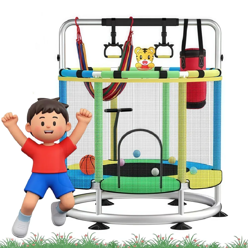 Unisex 55-Inch Height-Adjustable Stable Exercise Trampoline with Safety Enclosure, 440 lb Capacity, Seamless Design, Adjustable Gymnastics Bar, Imported Mesh for Indoor & Outdoor Trampoline Workout Use