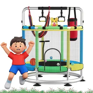 55 Inch Kids Trampoline with Safety Enclosure, 440 lb Capacity, Seamless Design, Includes Adjustable Gymnastics Bar, Ideal for Indoor & Outdoor Use