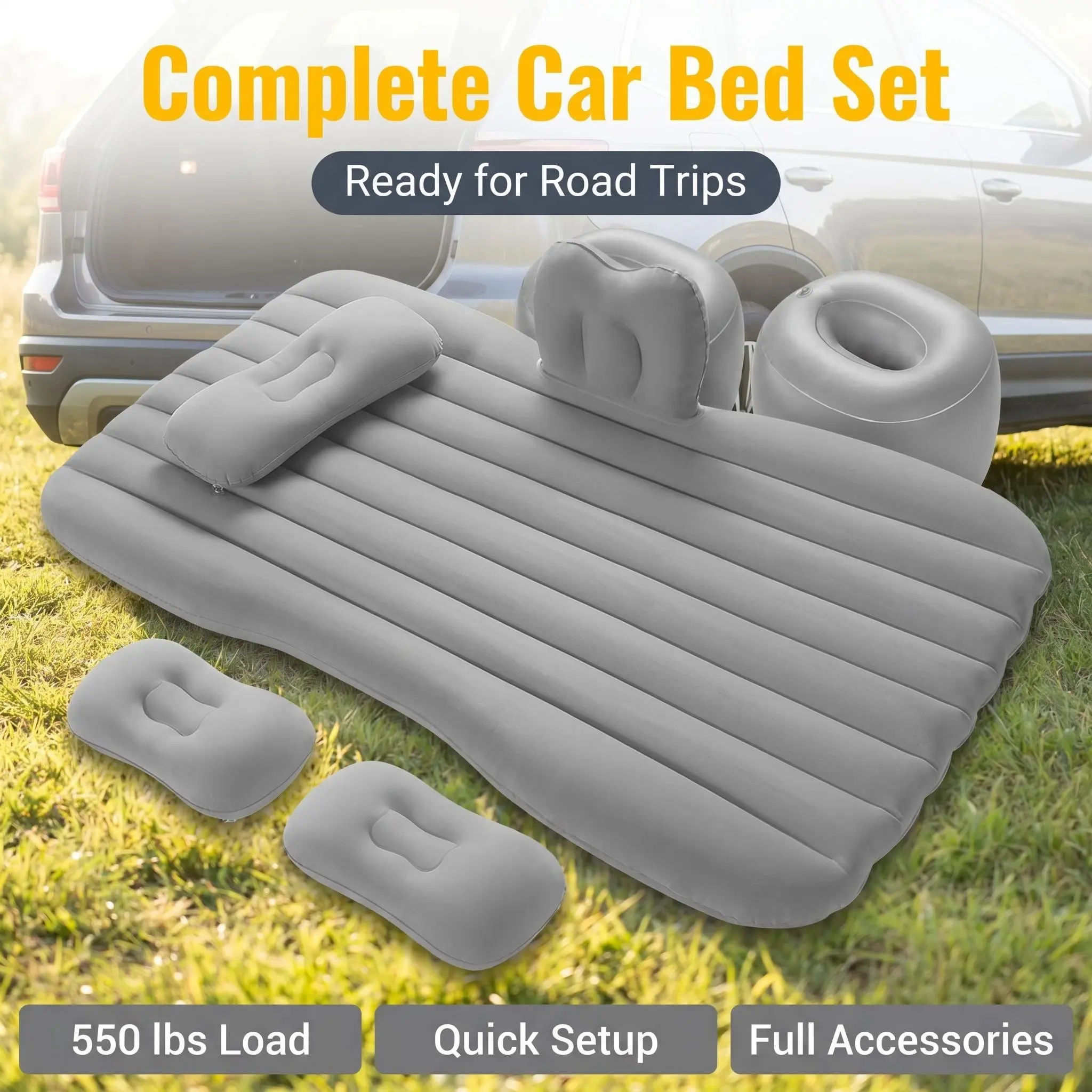 Portable Inflatable Car Bed with Pillow, Vehicle Sleeping Pad, Multi-Functional Car Accessories for Road Trips and Camping