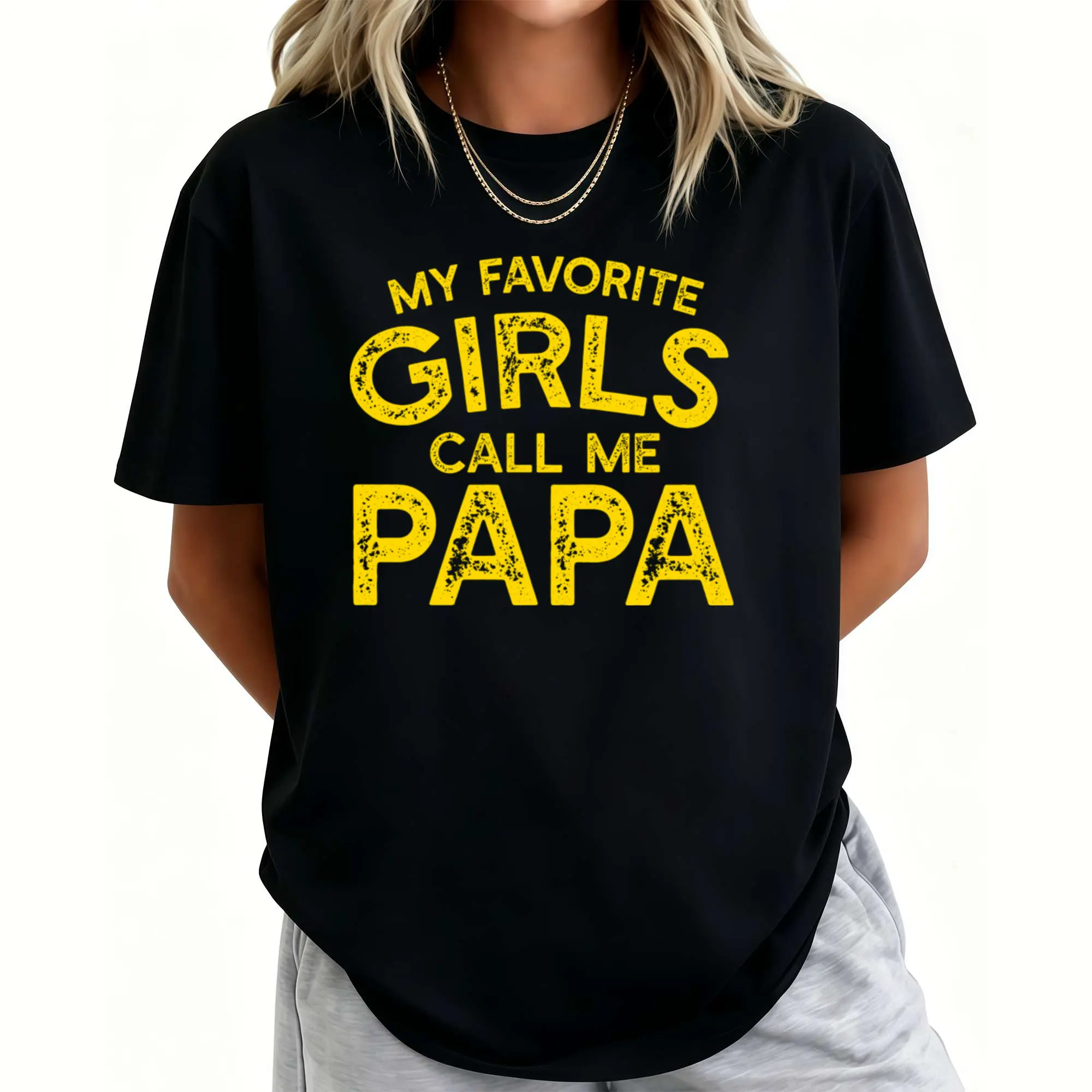 Men'S Vintage My Favorite Girls Call Me Papa Graphic T-Shirt - Black with Yellow Distressed Daddy Tee, 100% Loose Fit Shirt for Fathers Day Gift, Casual Dad Apparel_1A Funny Graphic Tees Perfect Gift Idea for Birthday Holiday Or Everyday Wear